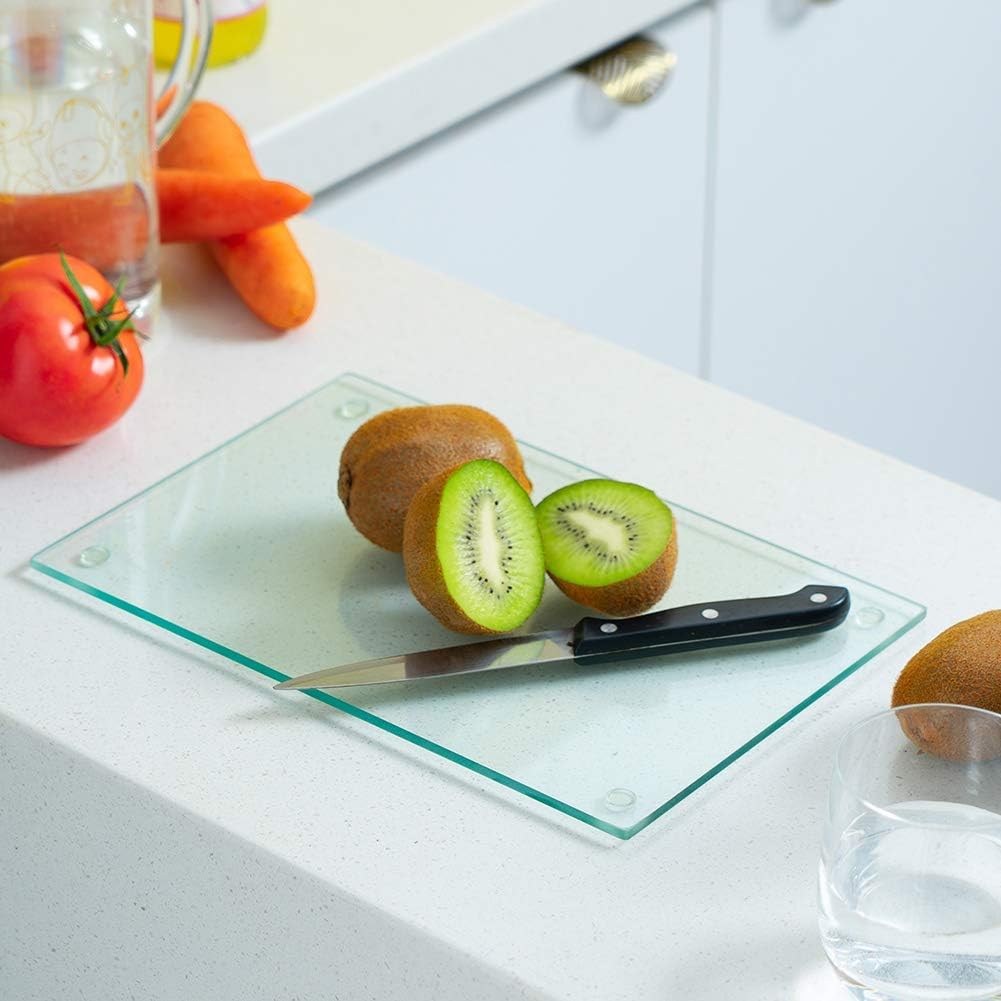 Murrey Home Juego de 4 tablas de cortar de vidrio templado transparente, bandejas de vidrio antideslizante para encimera de cocina, resistente al