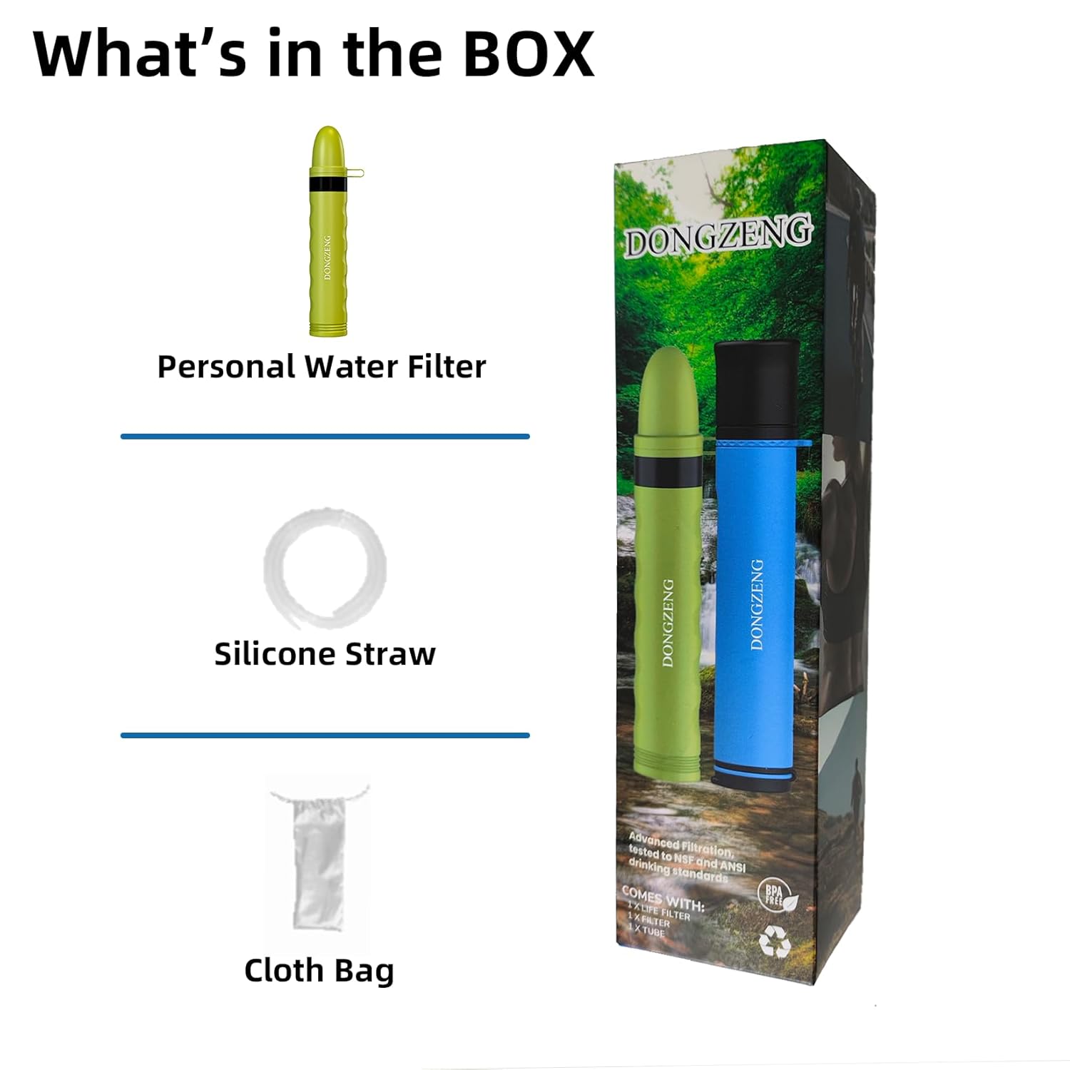DONGZENG Filtro de agua personal con pajilla, ligero, reutilizable y sin BPA, material de filtro compuesto sistema de microfiltro ideal para