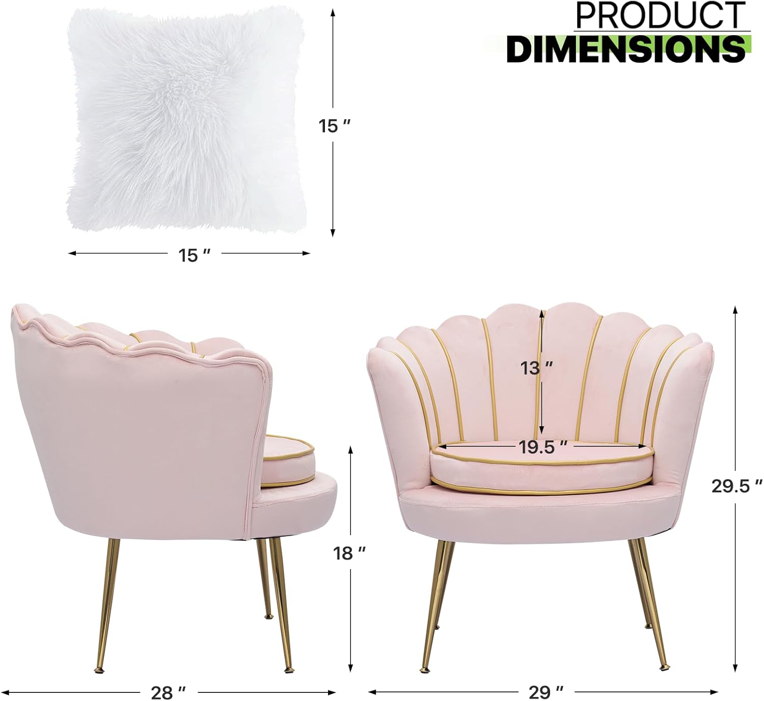 Magshion Moderno sillón tapizado de terciopelo con respaldo festoneado con patas doradas y almohada suave para sala de estar, cómoda silla de
