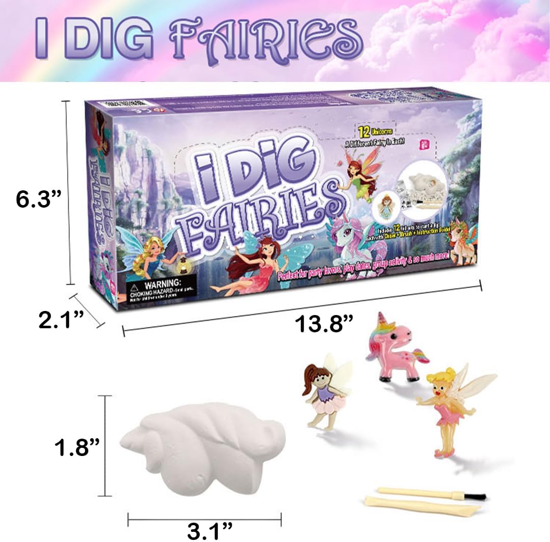 Paquete de 12 kits de excavación de hadas y unicornio para niños, aventura mágica encantada de excavación, recuerdos de fiesta ideales, juguetes