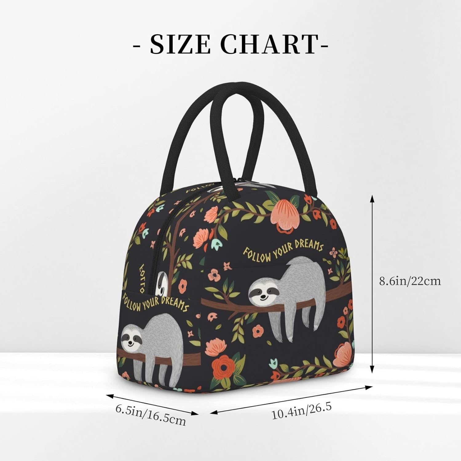 Duduho Bolsa de almuerzo con texto en inglés “Follow Your Dream”, bolsa grande con diseño de perezoso, reutilizable, para mujeres, hombres, escuela,