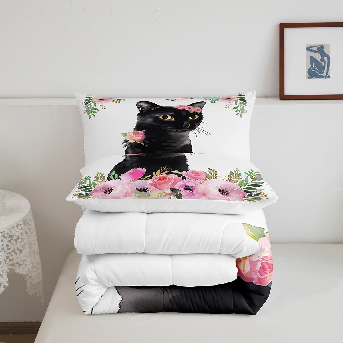 Erosebridal Juego de edredón de gato negro tamaño Queen, juego de ropa de cama de gatito para niños y niñas, bonito edredón de animales para