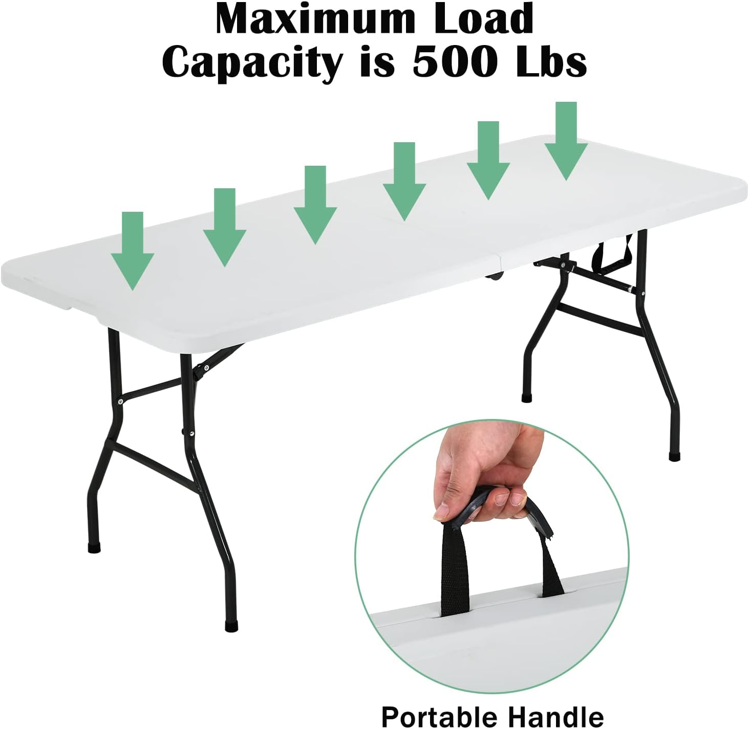 Mesa plegable portátil de 6 pies plegable por la mitad con asa, soporta hasta 500 libras, mesa de comedor para interiores y exteriores para fiestas,