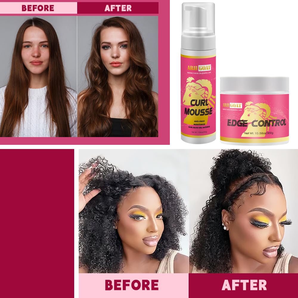 10.58oz Perfect Edge Control con Natural 7.06oz Hair Mousse Set Aloe para peinar el cabello rizado, gel de borde de aceite de oliva de espuma para