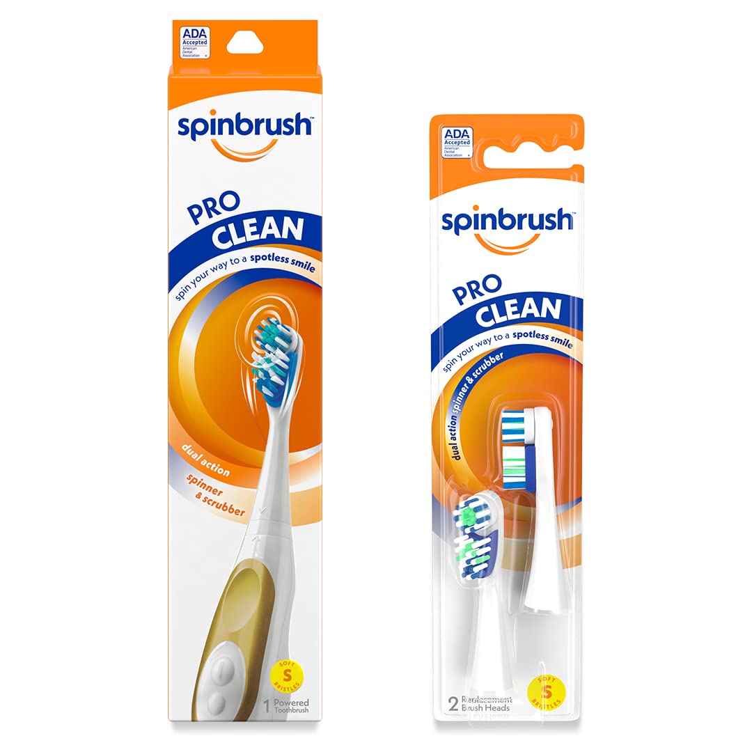 Spinbrush Pro Series Daily Clean Cepillo de dientes a batería, cerdas suaves, 1 unidad de repuesto PRO Clean, cerdas suaves, incluye 2 cabezales de