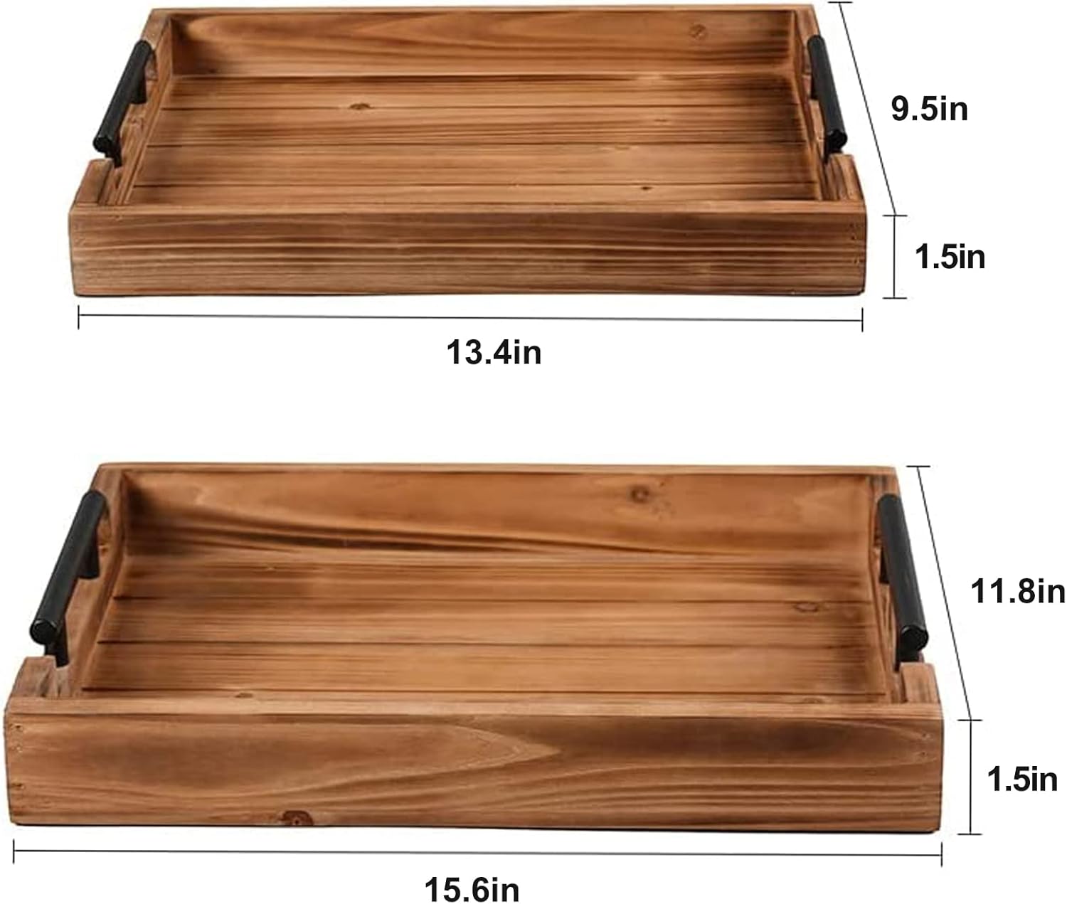 Juego de 2 bandejas decorativas de madera vintage anidadas con mango de metal para comer, desayuno, cocina, bandejas otomanas, mesa de centro y