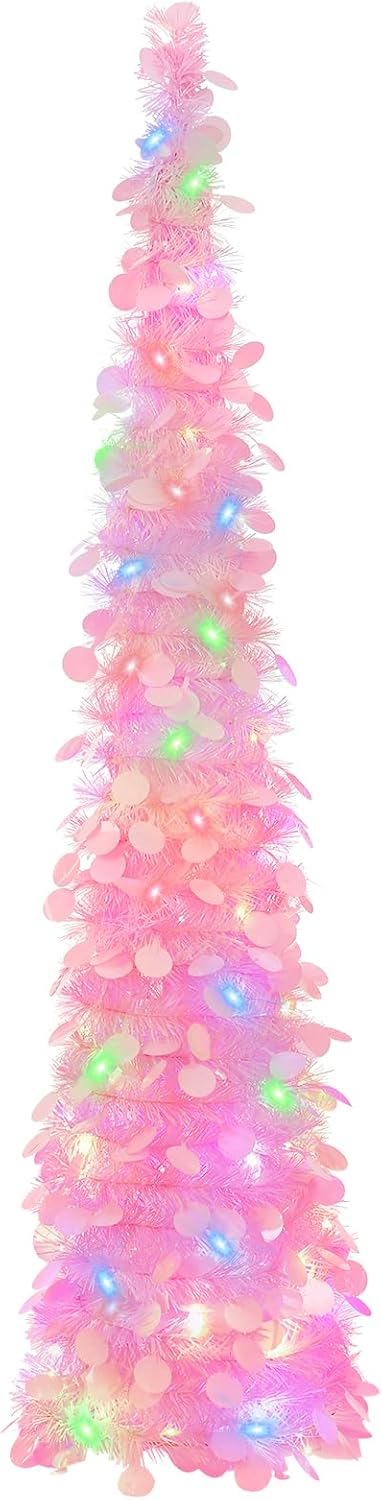 GlyinnHe Árbol de Navidad de oropel desplegable de 5 pies con 50 luces multicolores, lápiz de Navidad preiluminado con lentejuelas rosas, funciona