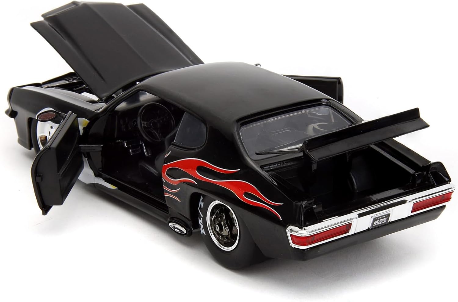 1971 Pontiac GTO Negro con Gráficos de Llama Bigtime Muscle Series 124 Modelo de coche fundido a presión por Jada 35022