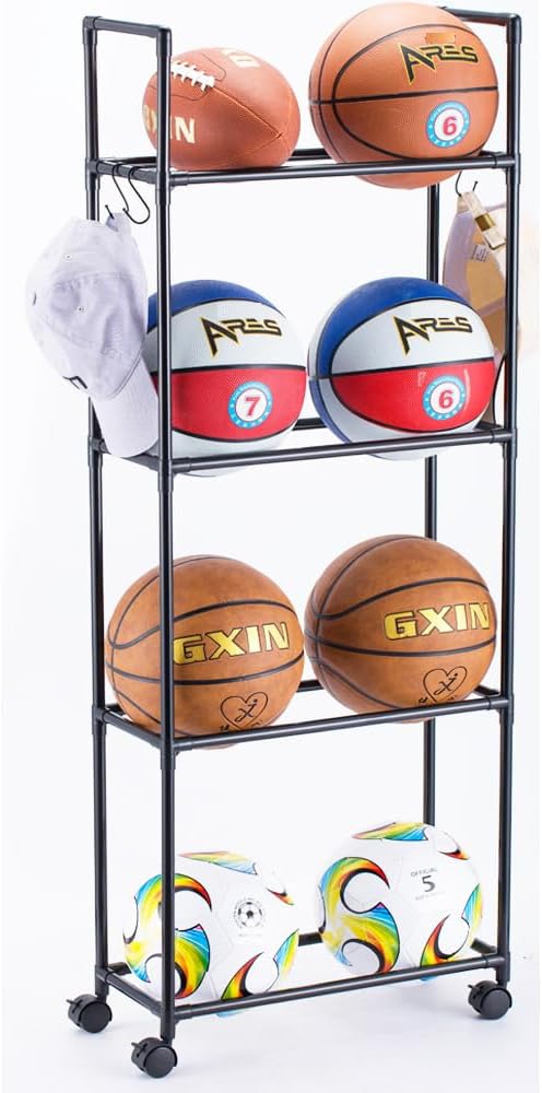 FDSDEFEN Estante de baloncesto, soporte de almacenamiento de pelotas de garaje, organizador de bolas rodantes con ruedas, deportes al aire libre,