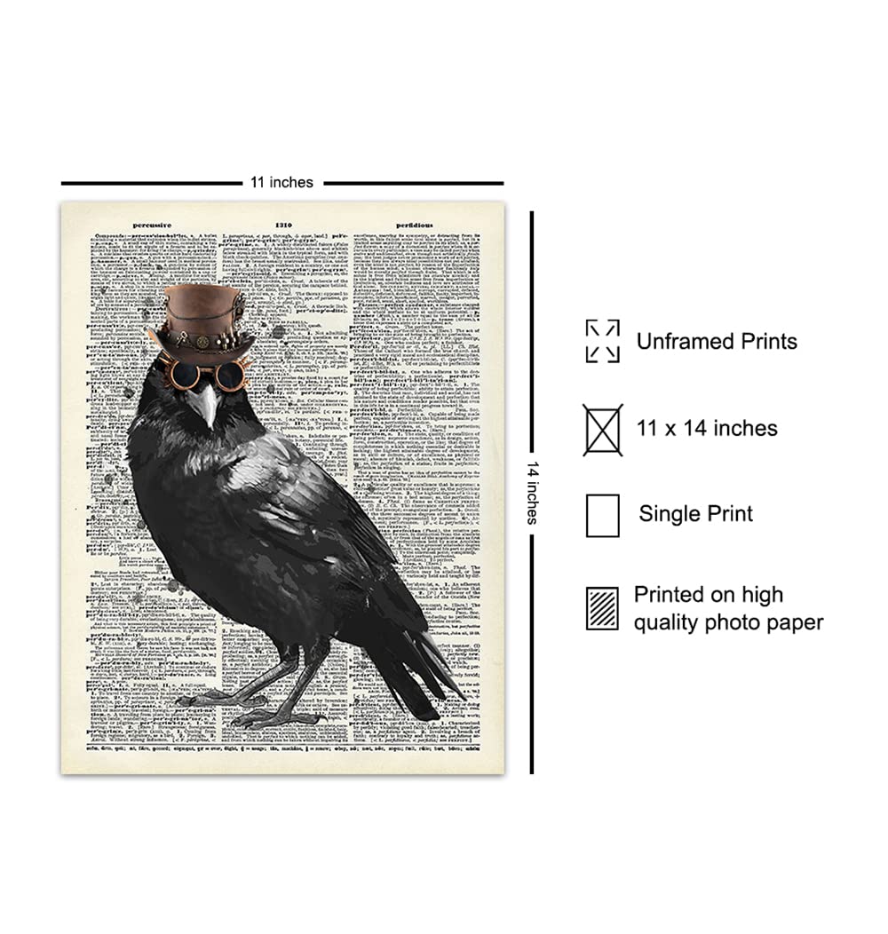 Edgar Allan Poe Gothic Steampunk Raven Wall Art LARGE 11×14 – Renaissance Hipster Dictionary Print for Gothic Home Decor – Spooky Gothic Living Room