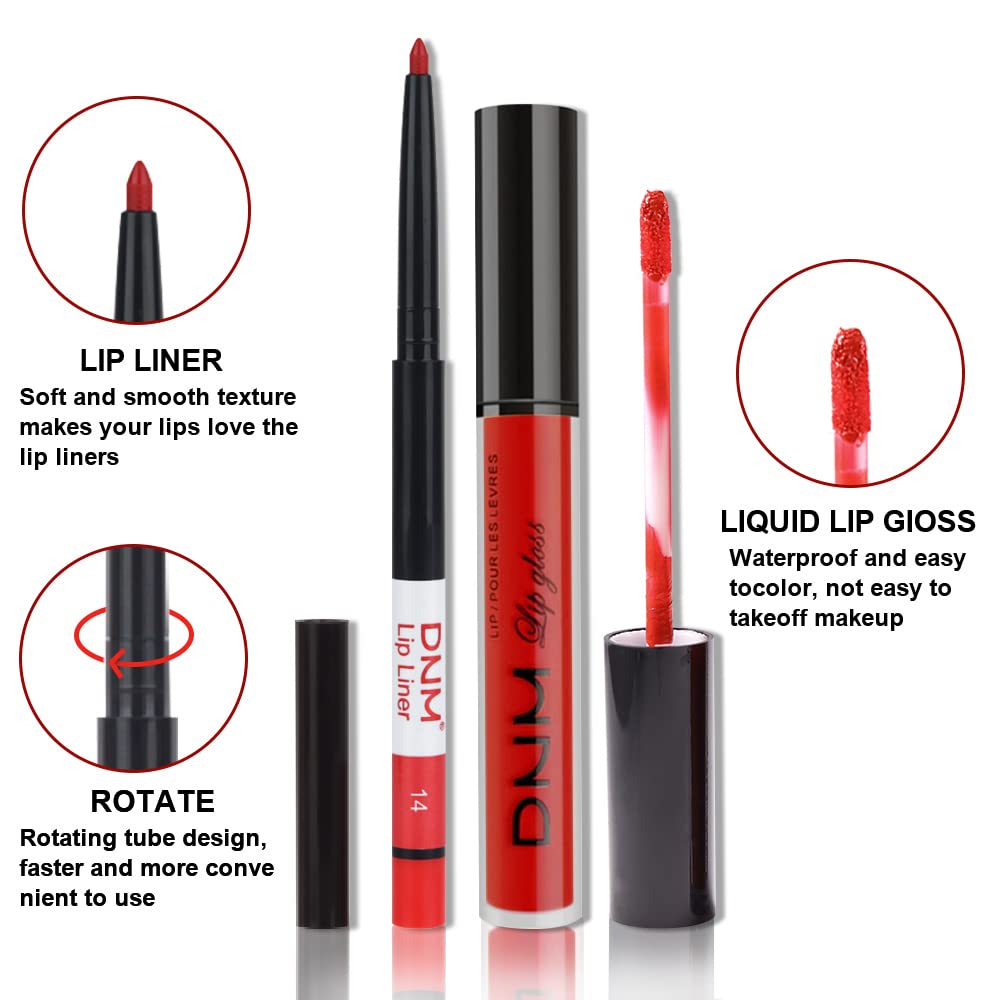 HAOYA Juego de 2 delineadores de labios y lápiz labial rojo rubí mate, lápiz labial líquido mate 24 horas y con kit de delineador de labios,