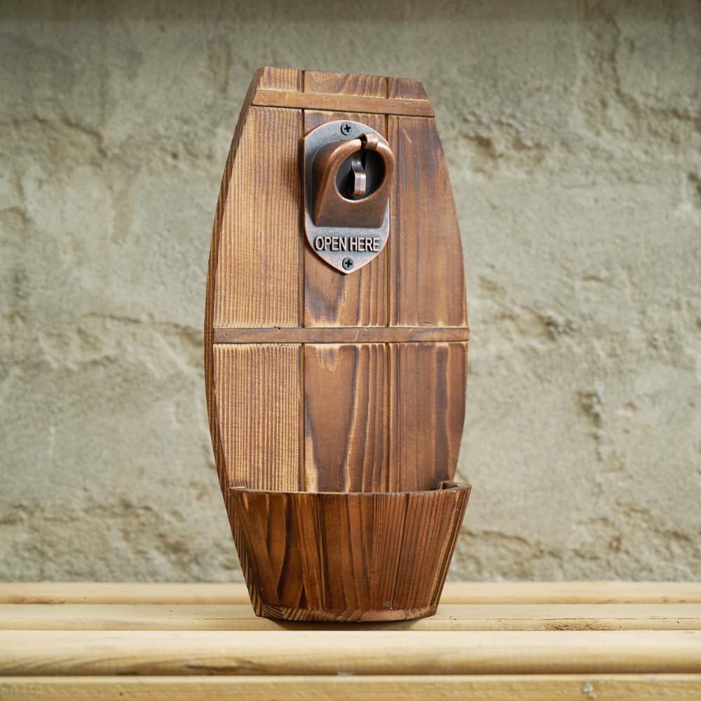 Abrebotellas de barril de cerveza de madera montado en la pared, abrebotellas vintage sin rastro con colector de tapa, regalo ideal para hombres y