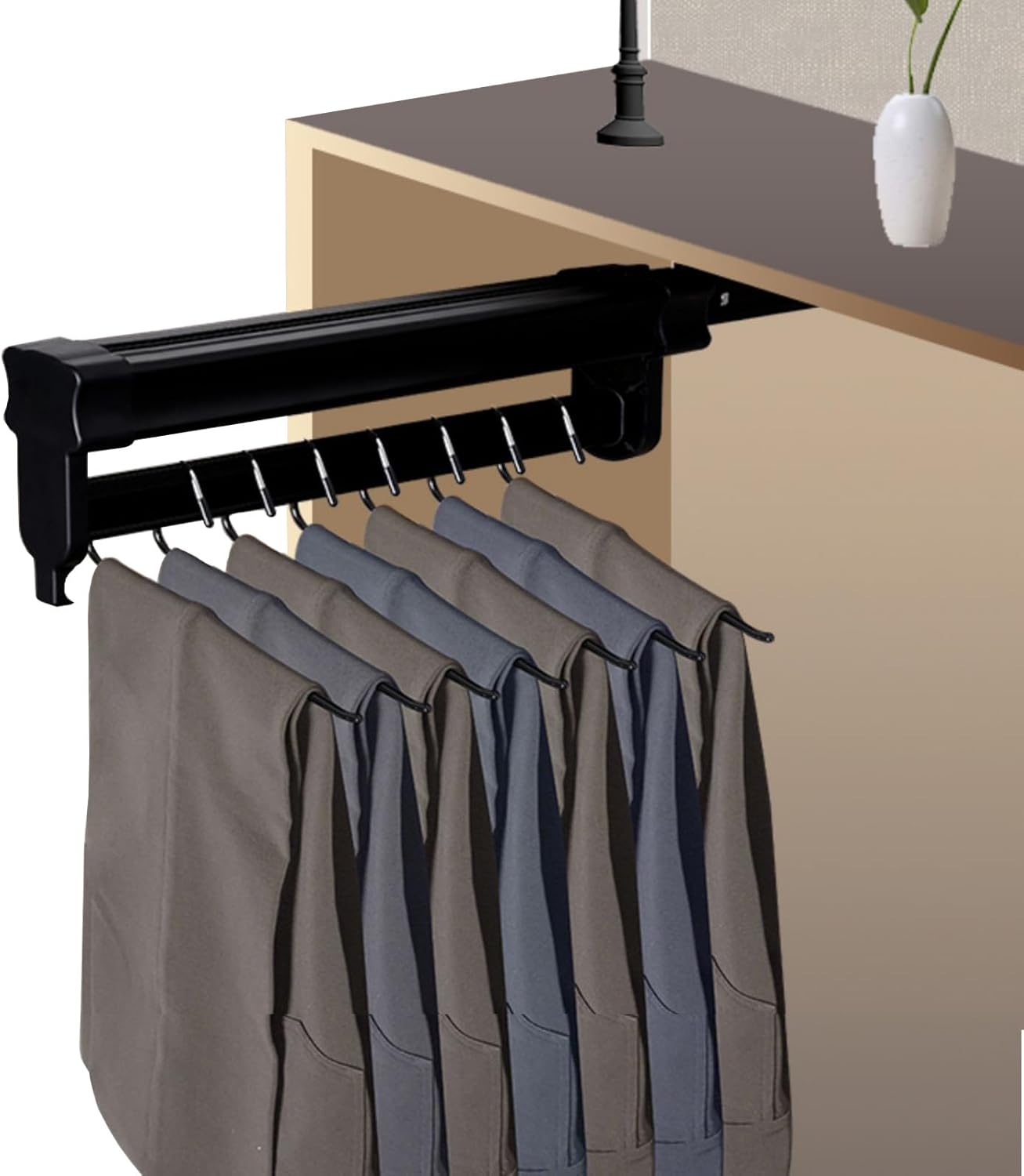 Percha de acero inoxidable extraíble para ropa, barra ajustable para armario, barra de perchero para pantalones, 55.1 lbs, negro, 10.236 in