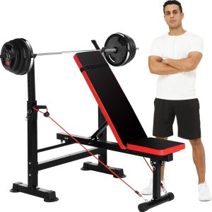 Juego de banco de pesas de 660 libras con estante para sentadillas, juego de prensa de banco 6 en 1 con almohadilla de rizo de predicador, bancos de Juego de banco de pesas de 660 libras con estante para sentadillas, juego de prensa de banco 6 en 1 con almohadilla de rizo de predicador, bancos de