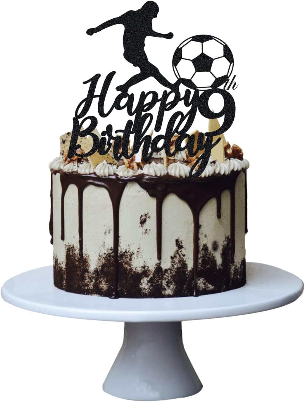 Decoración para tartas de fútbol 9th Boy, decoración de fiesta de cumpleaños con temática de 9 deportes, papel negro con purpurina