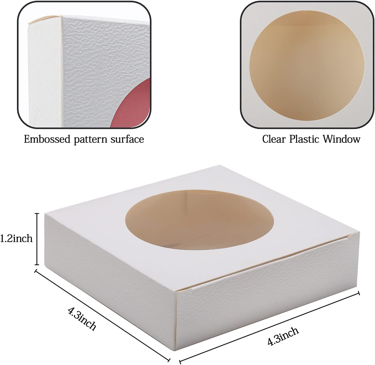 Bssay 60 cajas pequeñas de embalaje de jabón de 4.3 x 4.3 x 1.2 pulgadas, cajas de papel cuadradas blancas con ventana redonda transparente para