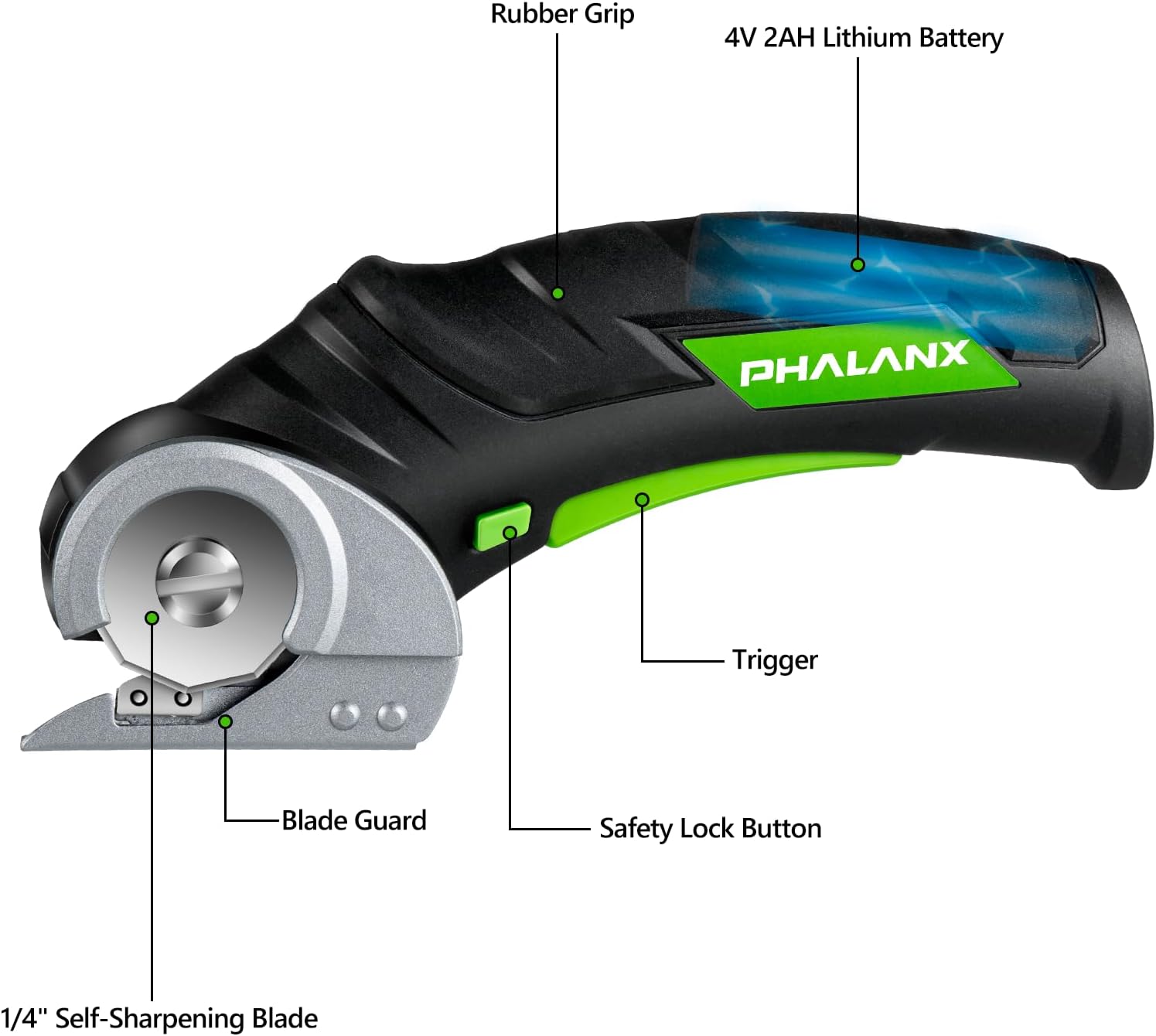 PHALANX Tijeras eléctricas inalámbricas, cortador de cartón de 4 V con 2 cuchillas de corte autoafilables, cortador giratorio para corte de tela,