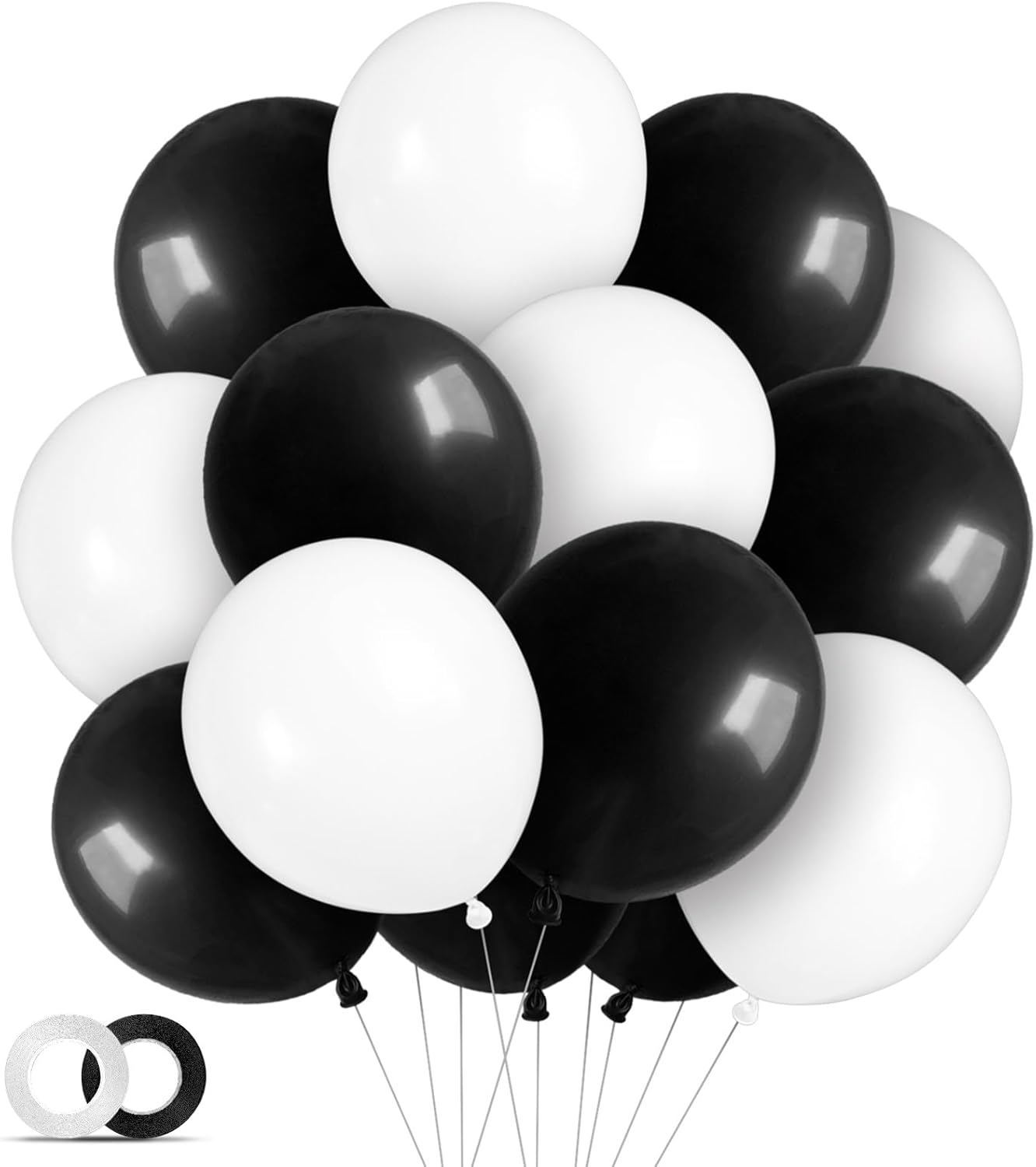 100 globos blancos y negros de látex gruesos de 12 pulgadas para decoraciones de cumpleaños, bodas, fiestas de graduación (globo blanco negro)