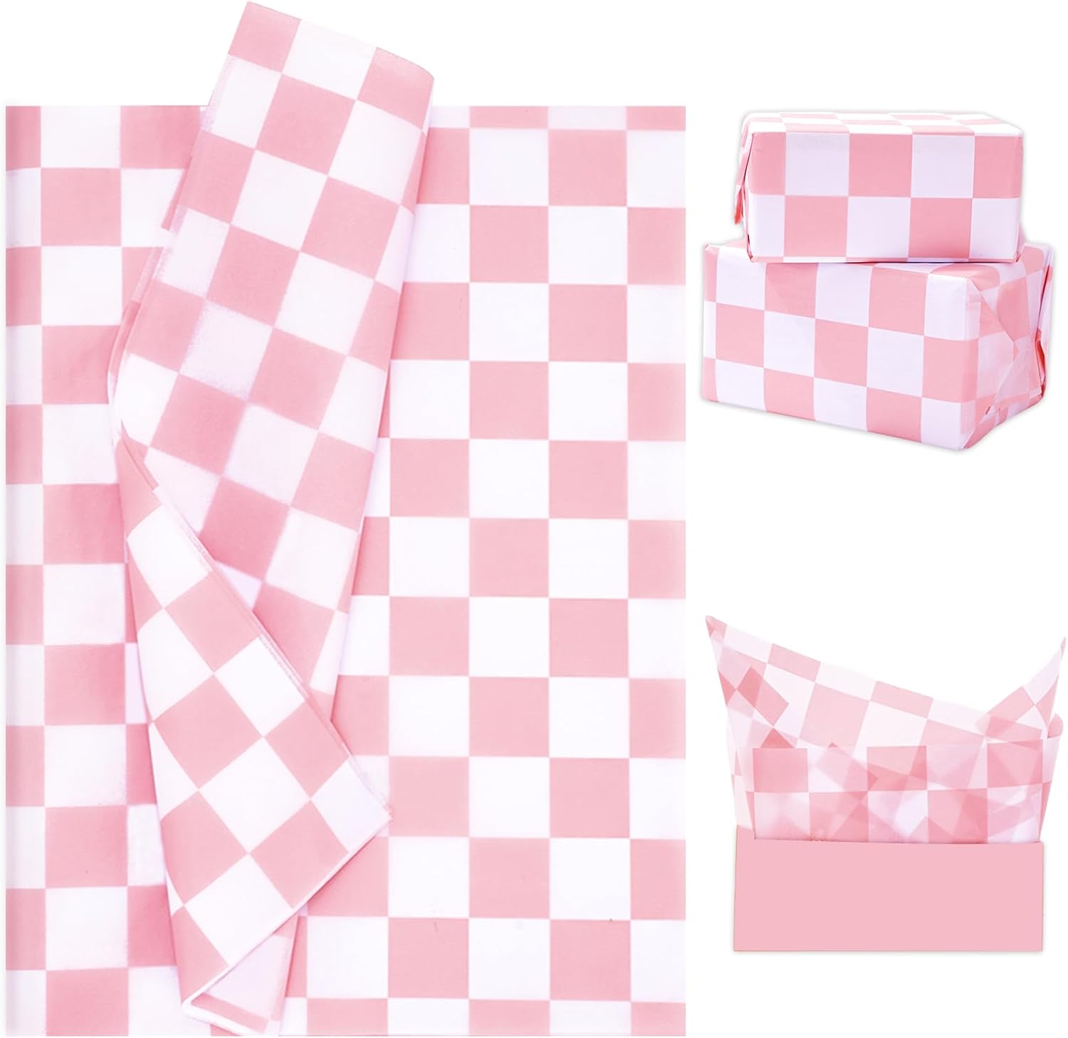 Whaline 100 piezas de papel de seda a cuadros, papel de regalo blanco y rosa, papel de embalaje, papel de manualidades para el hogar, baby shower,
