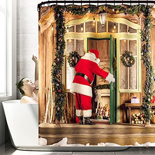 Juego de 4 cortinas de ducha navideñas con alfombras, cubierta de tapa de inodoro y tapete de baño, cortina de ducha de Papá Noel con 12 ganchos,