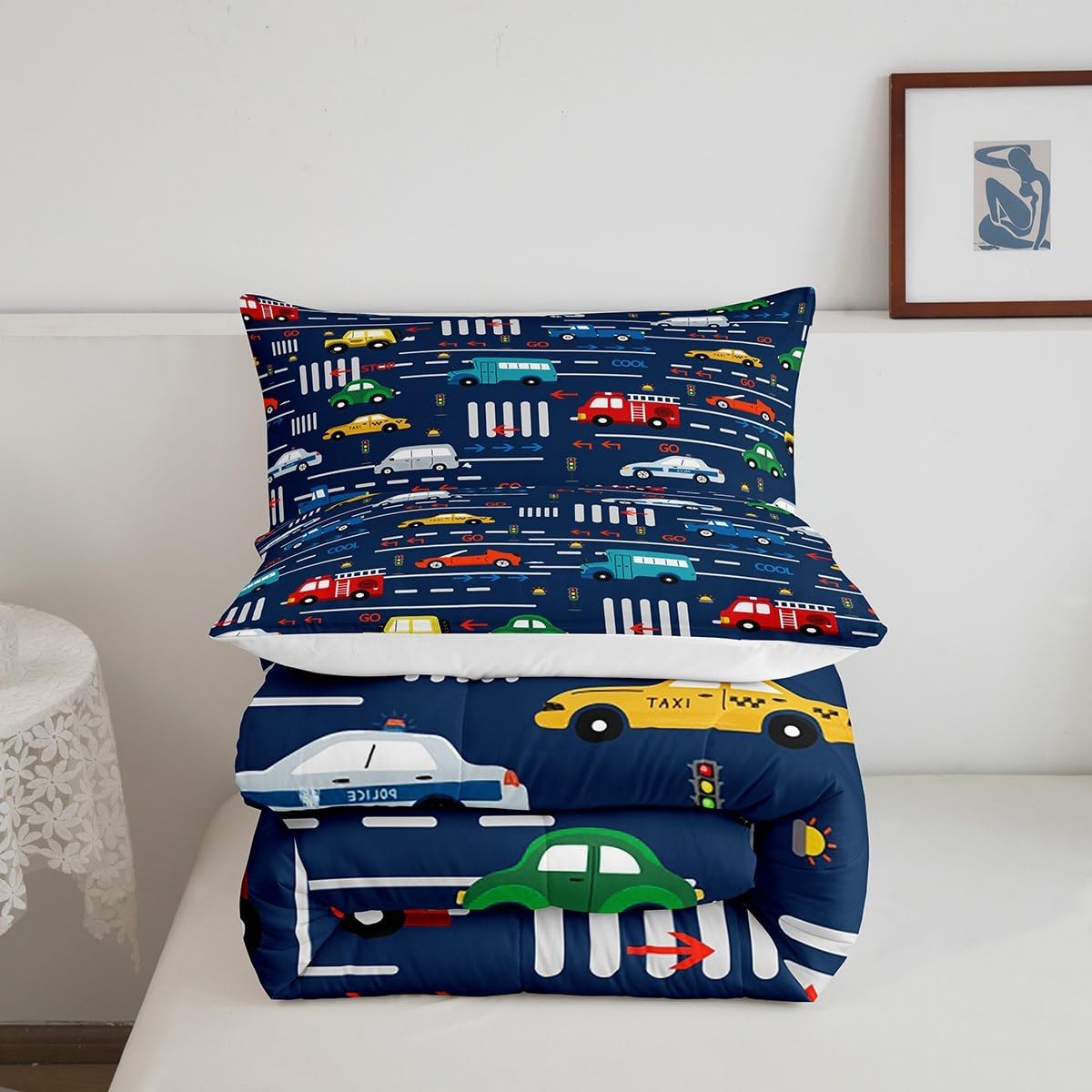 Feelyou Juego de ropa de cama con diseño de caricaturas para automóvil, tamaño Queen, con vehículos de transporte y automóviles, edredón de camión