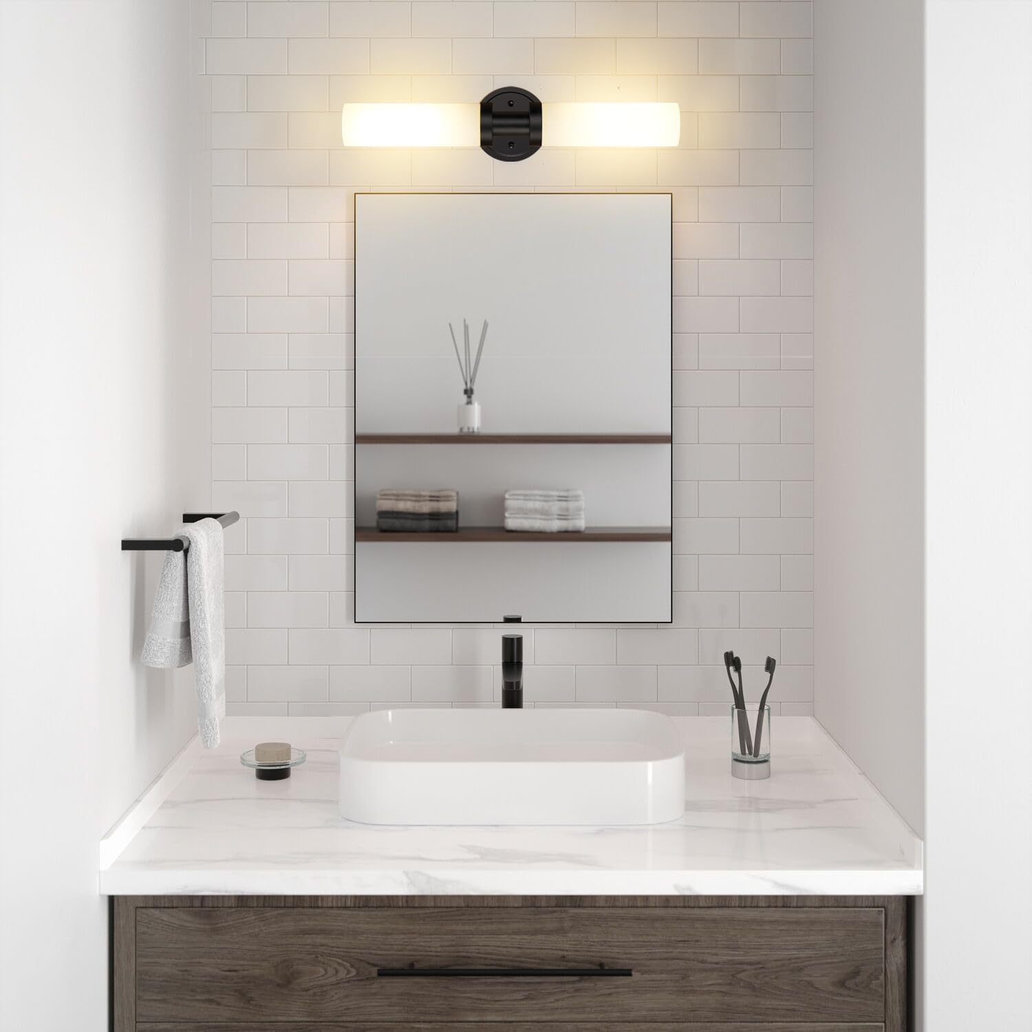 SANTOSTOCK Lámparas de baño negras, apliques de pared de 2 luces con pantalla de vidrio blanco, luces modernas de tocador para espejo, lámpara de