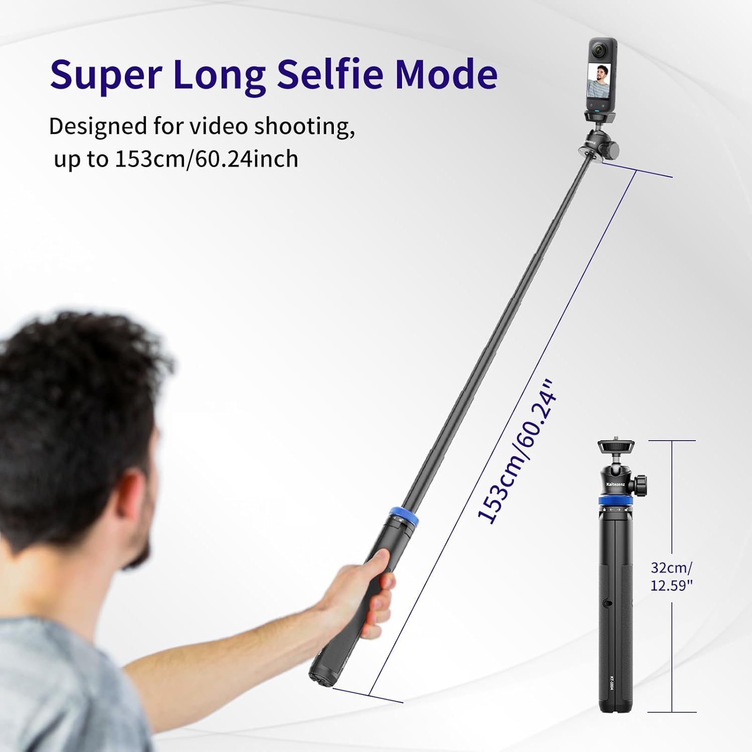Kaitezenz Trípode selfie stick para cámara GoPro, soporte de trípode extensible de 62 pulgadas con cabeza de bola de 360 tornillo de 14 pulgadas,
