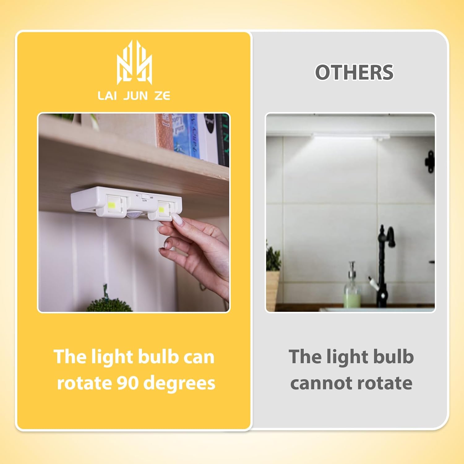 Paquete de 2 luces LED con sensor para armario, luces debajo del gabinete, iluminación de contador de ángulo ajustable, funciona con pilas, se pega