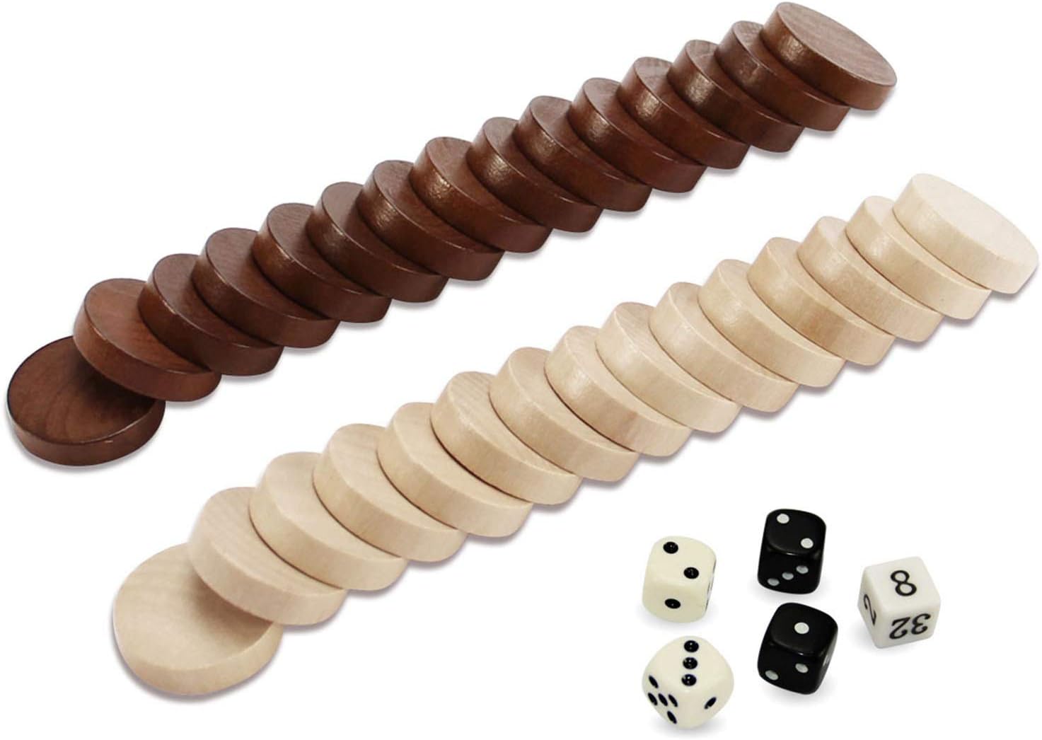 ASNEY Juego de piezas de backgammon de madera, piezas de madera maciza, juego de mesa de juego de mesa y 5 dados, incluye bolsa de almacenamiento