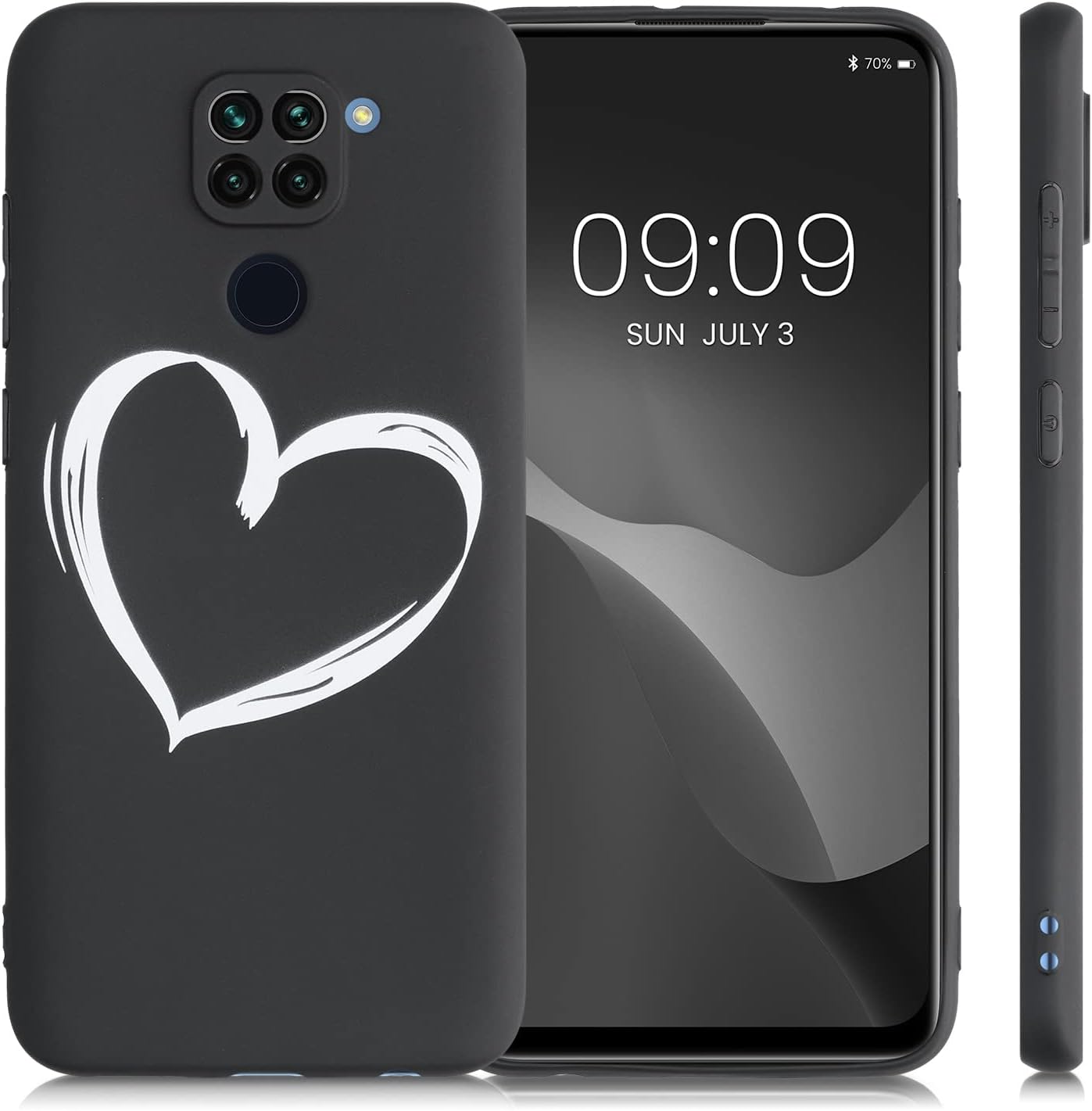 kwmobile Funda de silicona TPU compatible con Xiaomi Redmi Note 9 – Funda suave – Corazón cepillado BlancoNegro