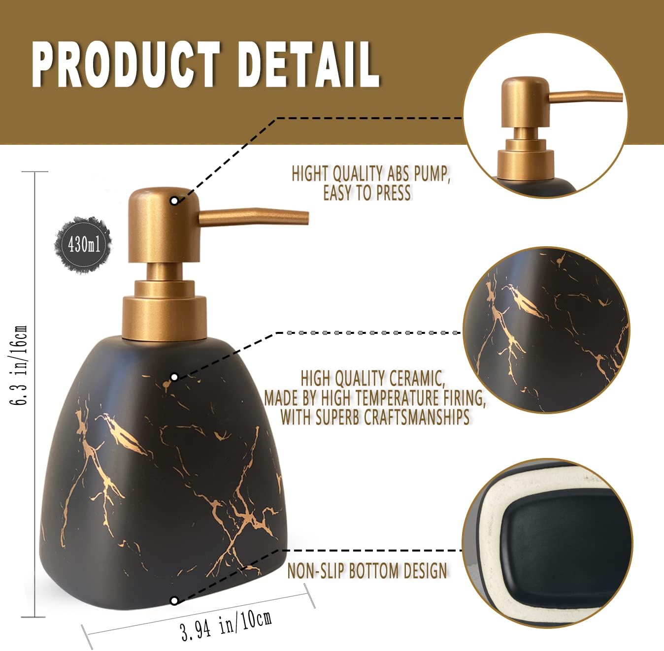 Dispensador de jabón de cerámica para baño, dispensador de jabón negro para platos de cocina, dispensador de jabón con patrón de mármol, dispensador