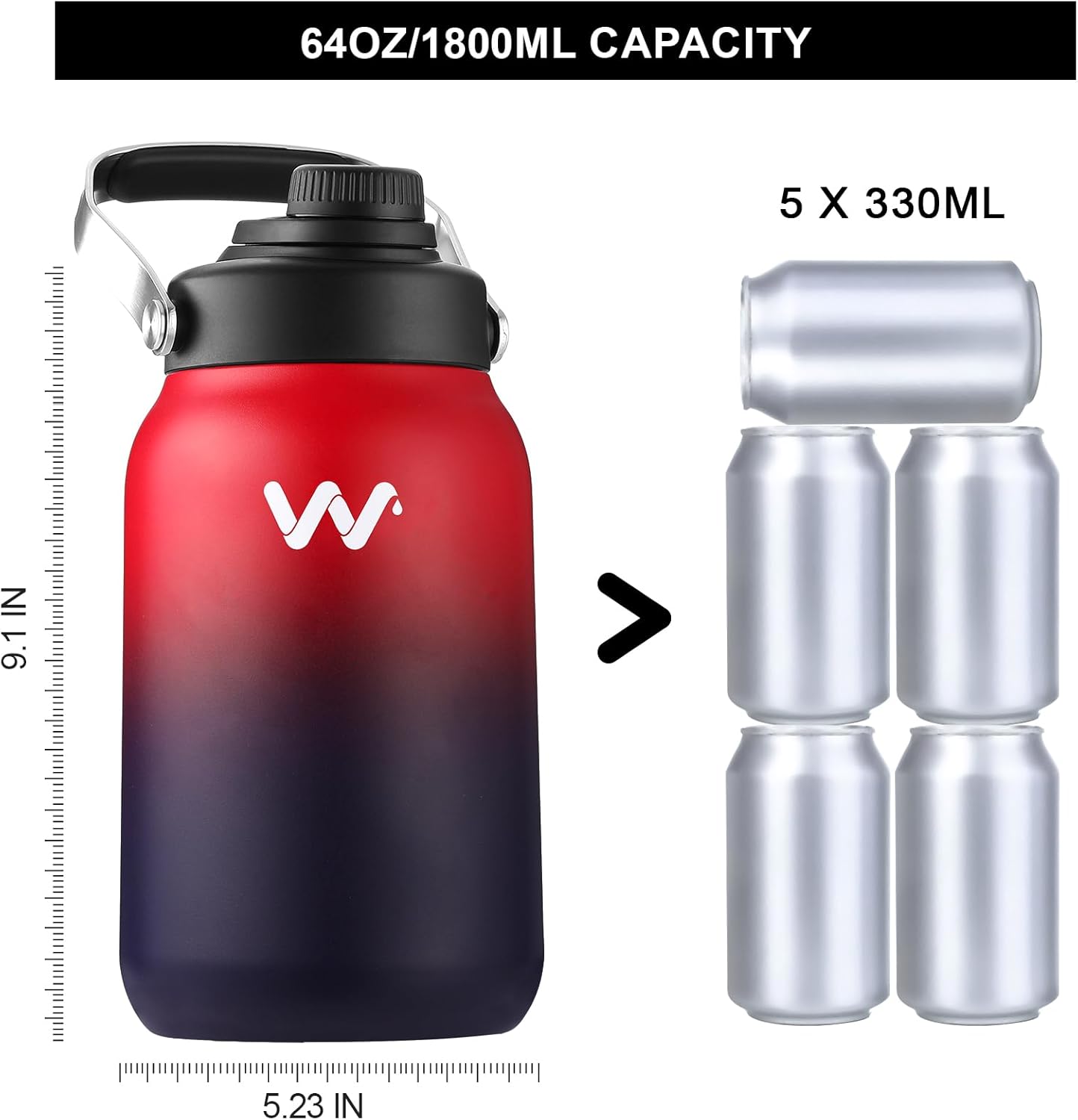WEREWOLVES Botella de agua aislada con asa, botella de agua de metal de medio galón, 64 onzas, grande de acero inoxidable a prueba de fugas, boca