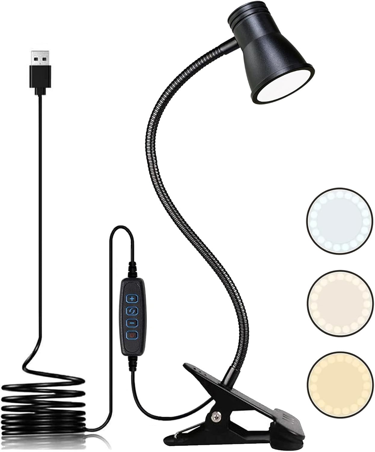 KNAMKY Lámpara de escritorio LED USB con clip, 3 modos de luz, 10 niveles de brillo regulables, luz de libro para cuidado de los ojos, lámpara de