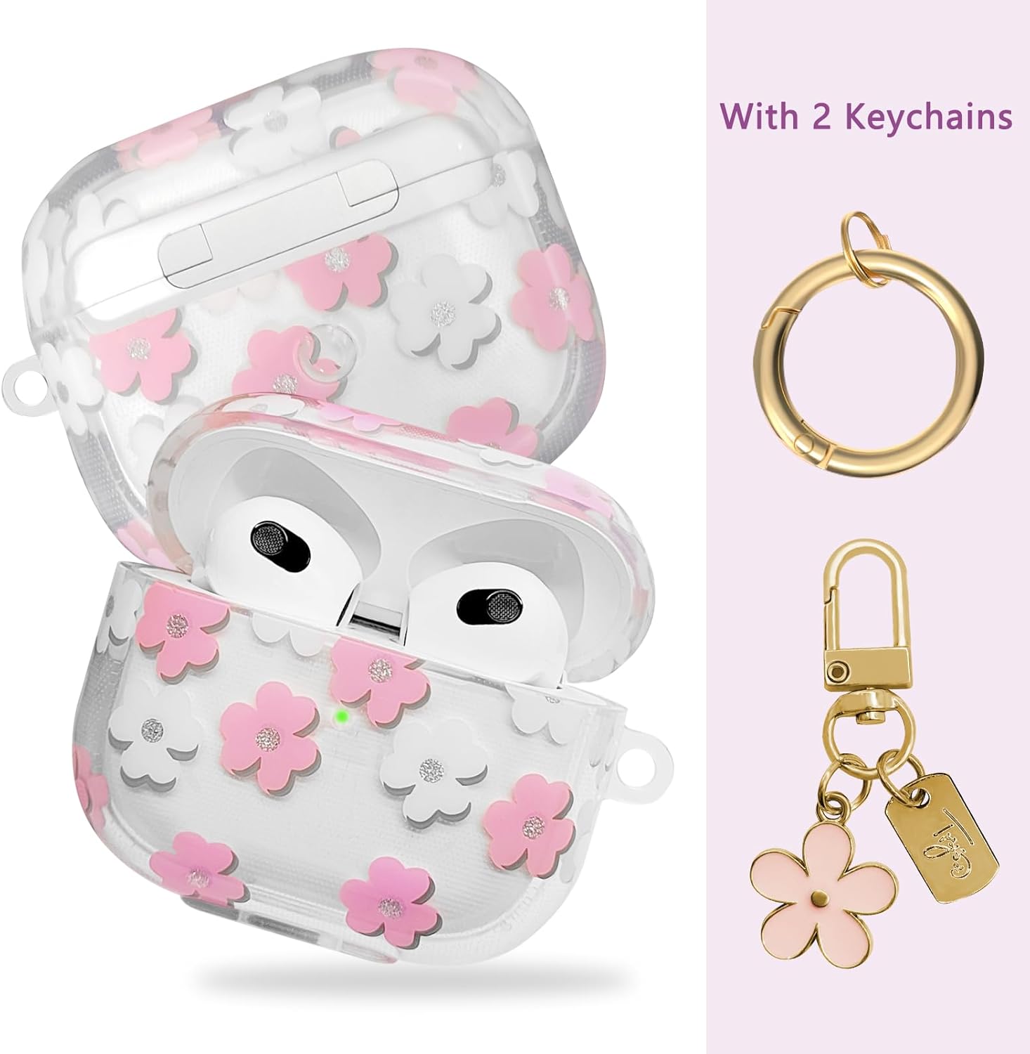 Funda compatible con AirPods 3 2021, funda de TPU suave con bonito patrón de flores para AirPods de 3 generación con llavero de flores y mosquetón