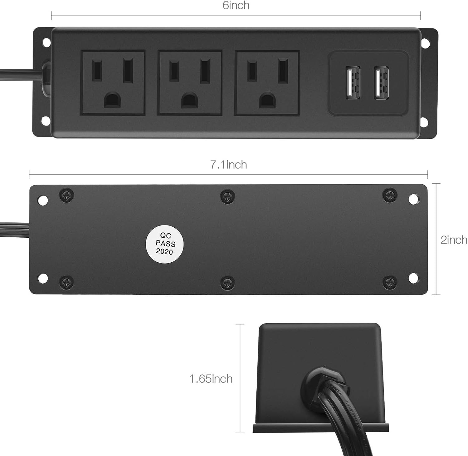CCCEI Regleta de toma de corriente de montaje en pared con USB, enchufe plano grande para colocar debajo del escritorio, regleta de alimentación de