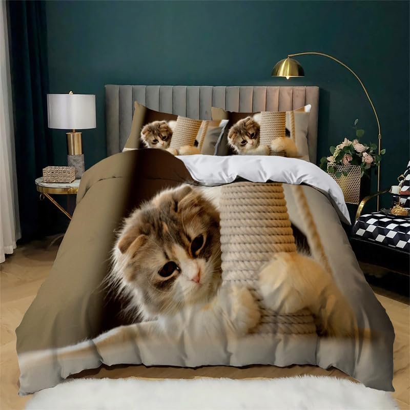 Apricot Kitten Duvet Cover Full Animal Print Bedding Sets Full Soft Microfiber Comforter Cover and 2 Pillow Shams 20″X26″, Bed Set Duvet Covers with