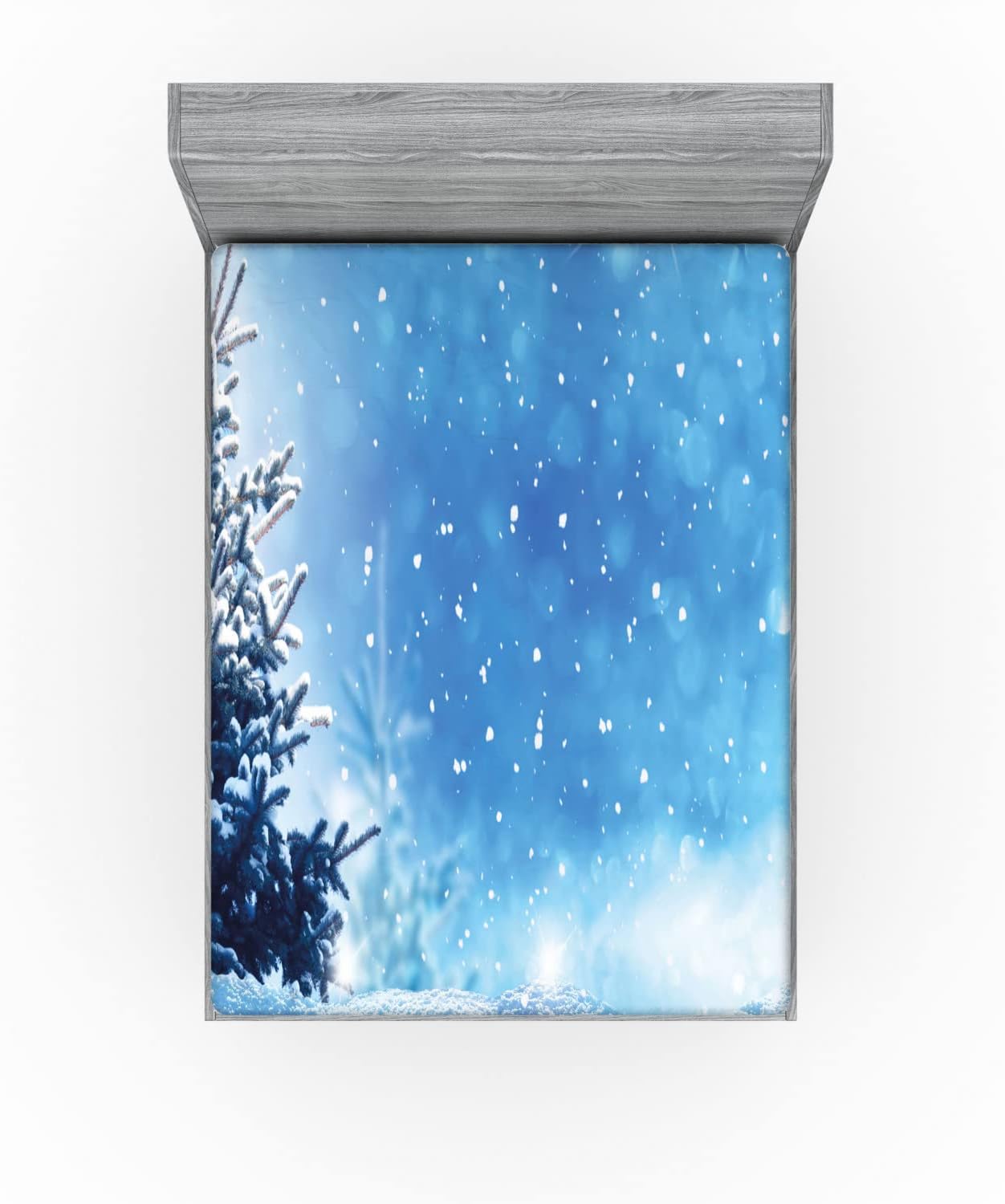 Ambesonne Sábana bajera ajustable de invierno, temporada nevada del año, copos de nieve de pino congelado que caen, ropa de cama de tela decorativa