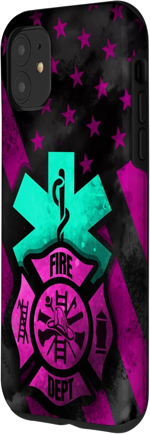 Funda para iPhone 11 EMT EMS Firefighter Pink Turquoise Fire Rescue American Flag