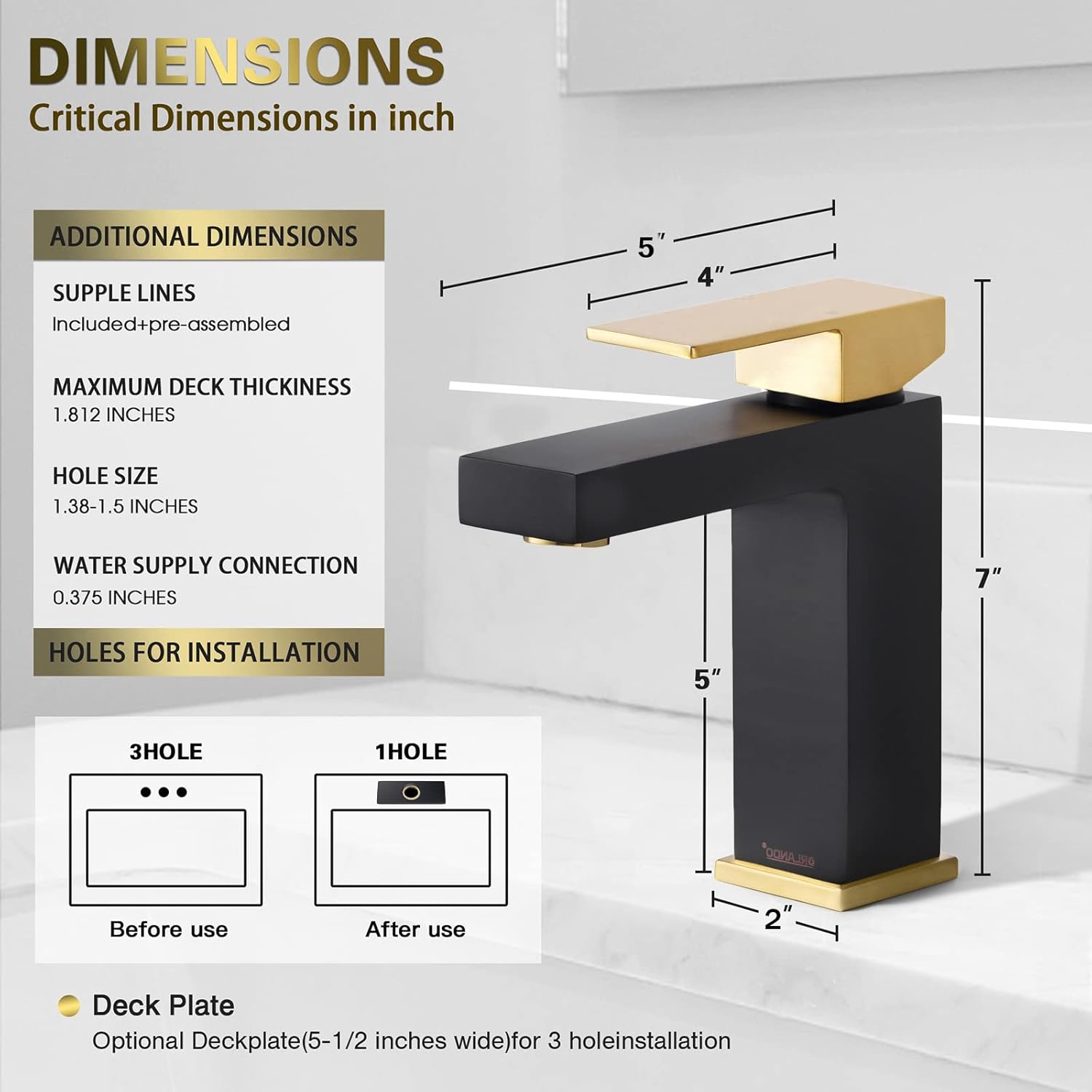 ORLANDO Grifo de baño negro y dorado de un solo agujero, grifo de lavabo de baño de una sola manija para fregadero de baño, grifo de baño de latón