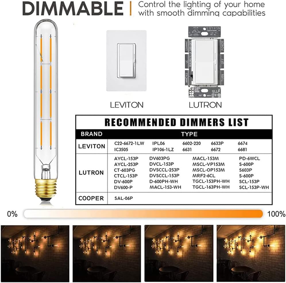 Leools Bombillas LED largas T10 de 8 W, bombilla tubular regulable E26, equivalente a 75 vatios, bombilla de filamento LED vintage estilo Edison