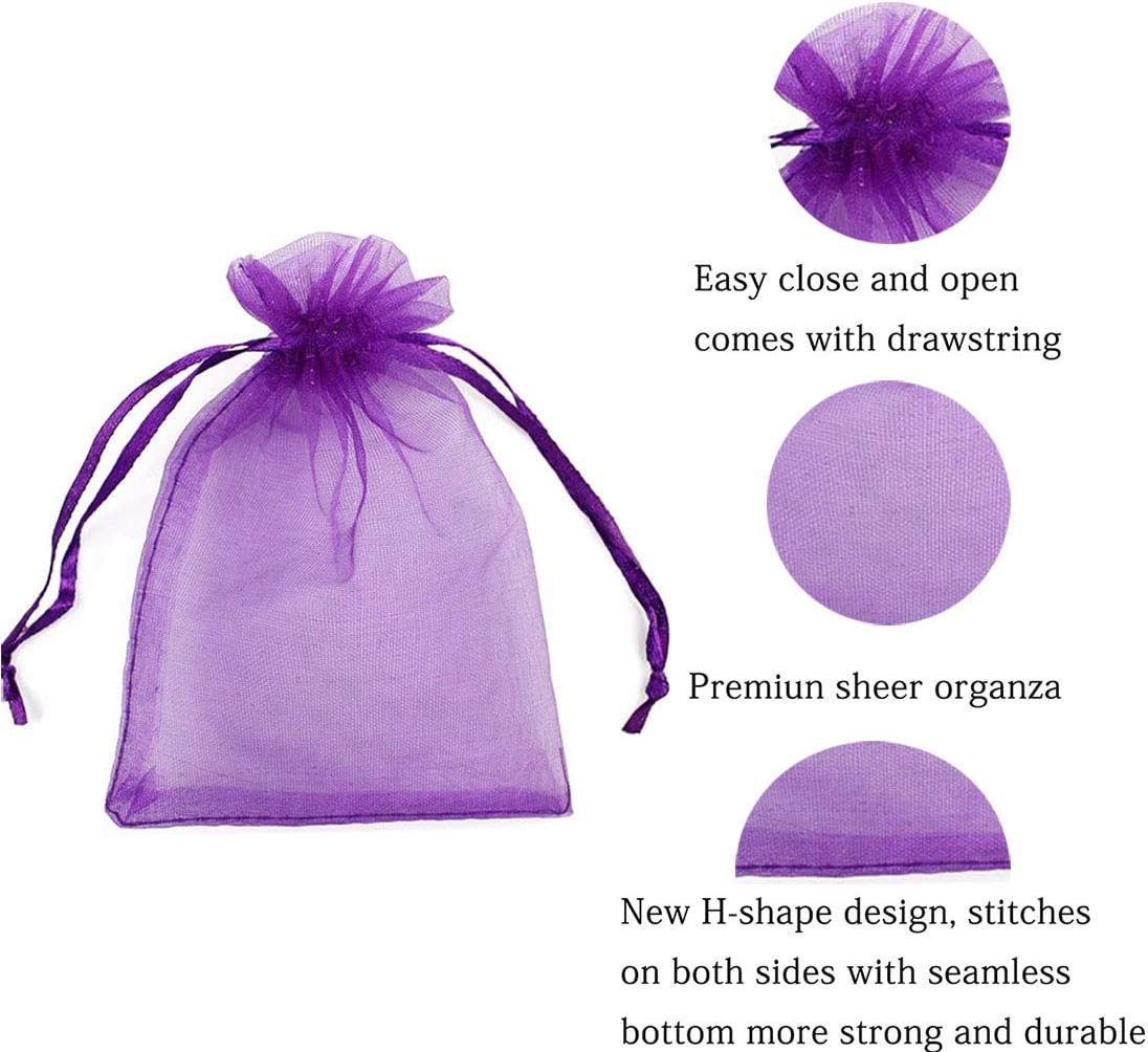 100 bolsas de regalo de 4 x 6 pulgadas, color morado, tela transparente de organza, bolsas de regalo elegantes con cordón para regalos de baby
