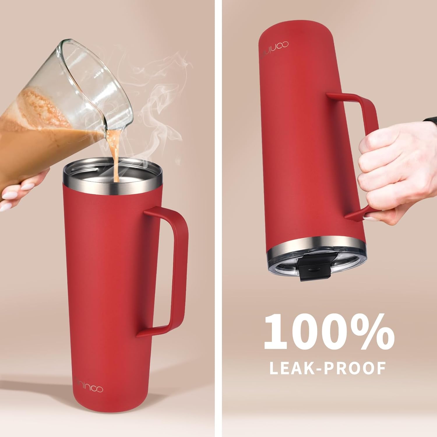 Vaso aislado de 24 onzas con asa, taza de café aislada al vacío de doble pared con tapa y popote, a prueba de fugas (rojo)