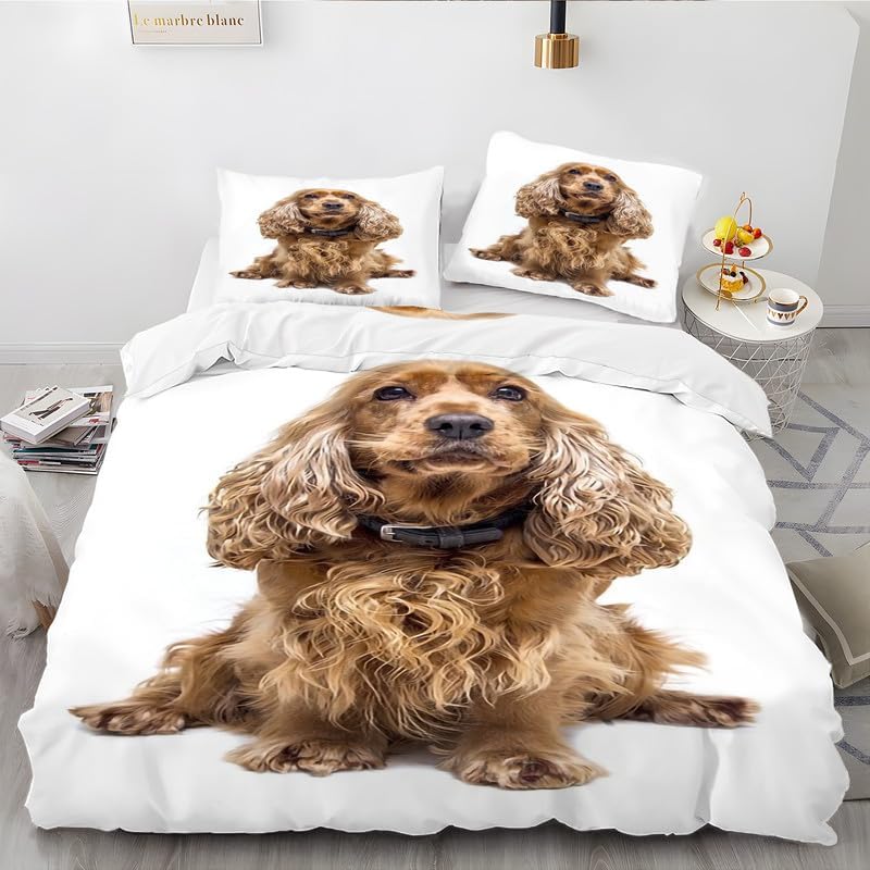 Juego de funda de edredón de Cocker Spaniel blanco con estampado de animales, funda de edredón de microfibra suave y 2 fundas de almohada de 20 x 26