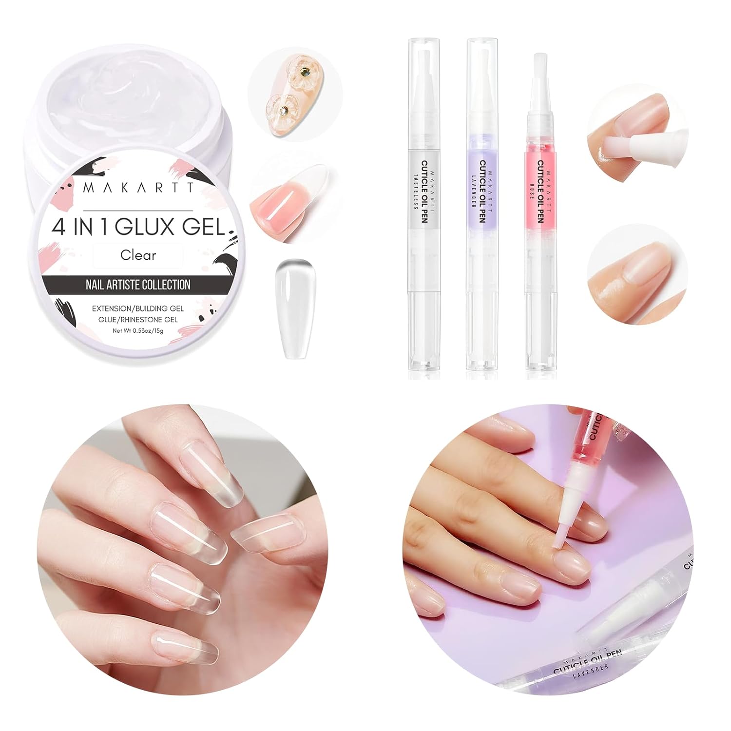 Makartt 4 en 1 Glux Gel Clear Solid Nail Extension Gel Builder Gel Constructor de Uñas Gel de 0.5 fl oz UV Nail Glue Bundle 3Pcs Cutticle Oil Pen