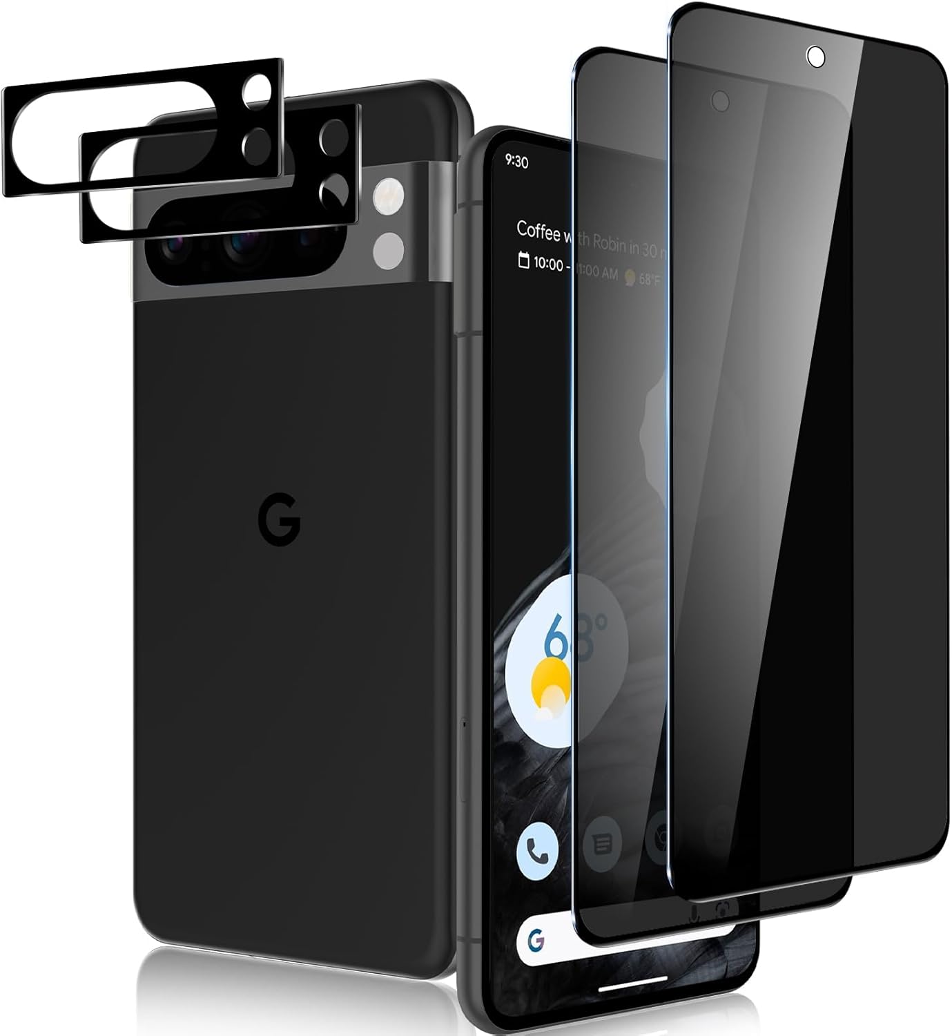 Paquete de 2+2 para Google Pixel 8 Pro Protector de pantalla de privacidad y protector de lente de cámara, vidrio templado 9H, antiespía, arañazos