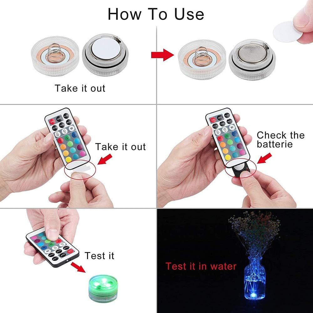 Mini luces LED sumergibles con control remoto, pequeñas velas de té subacuáticas, impermeables, 1.5 pulgadas, RGB multicolor, sin llama, funciona