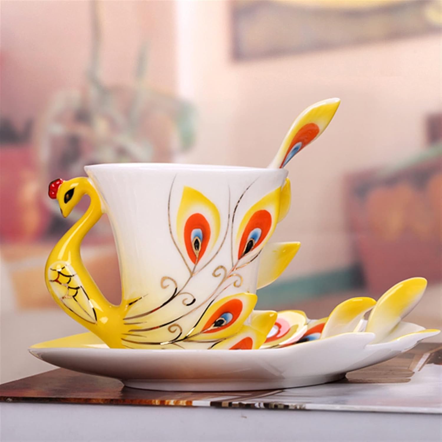 Taza, taza de escritorio de café, taza de cerámica creativa 3D hecha a mano de porcelana esmaltada de pavo real taza de café con platillo y cuchara,