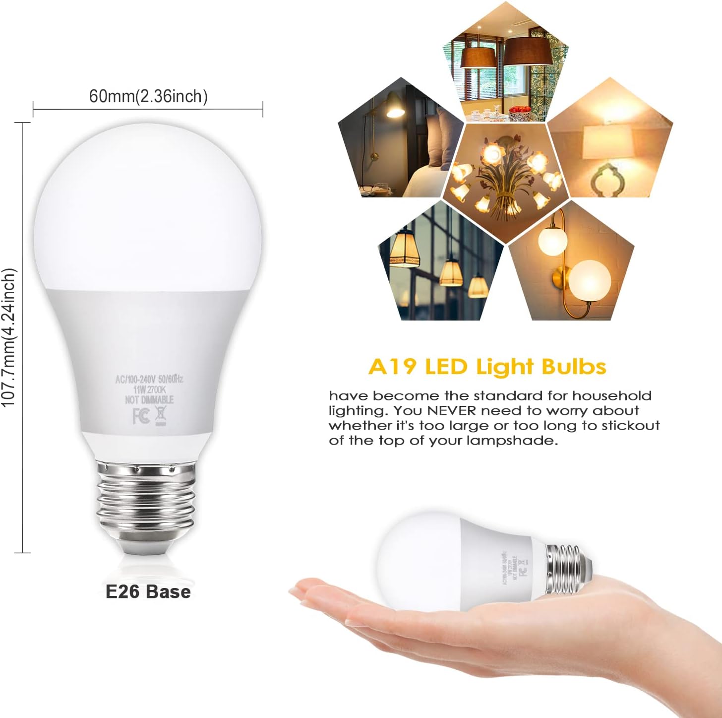 Paquete de 12 bombillas LED A19, bombillas LED equivalentes a 100 W, luz blanca cálida de 2700 K, bombillas E26 Edison con base de tornillo mediano