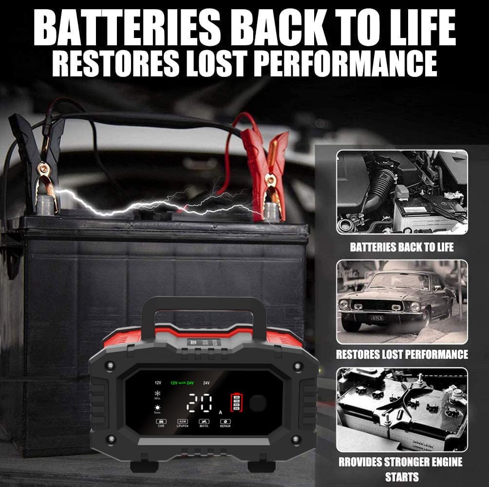 Cargador de batería de coche de 20 amperios, LiFePO4 de 12V20A y 24V10A, plomo ácido (AGMGelSLA), cargador inteligente automático de goteo