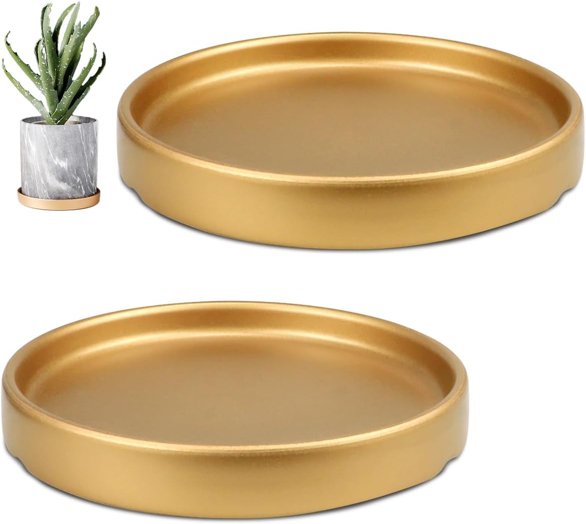 SLOHJAL 2 platillos de cerámica redondos para plantas, bandeja de goteo para interiores y exteriores, jardín, flores, goteos de agua y tierra